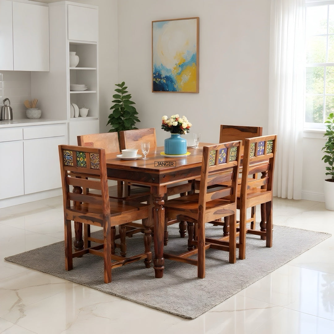 Discover the perfect tiles dining table set six seater to complement your dining room, made with sheesham wood. Buy online or in-store near you in Bangalore