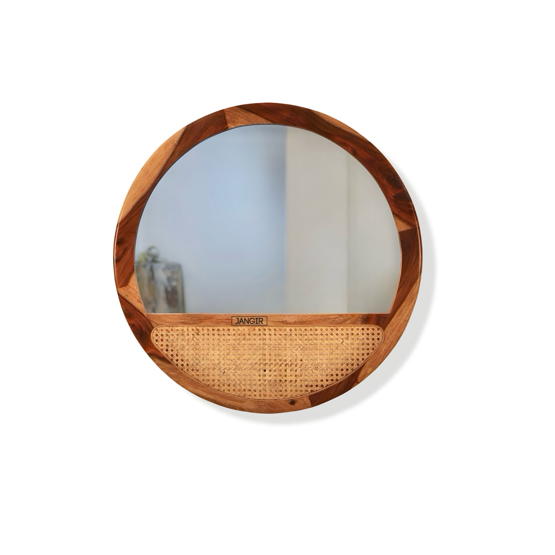 Brighten your space with sheesham wood and natural cane made round Mailla Cane Wall Mirror. Buy decorative wall mirror near you in Bangalore for home décor!
