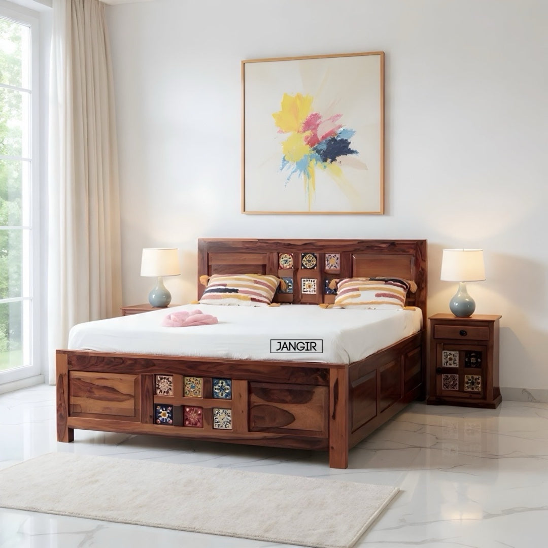 Tiles Plane Solid Wood Storage Bed