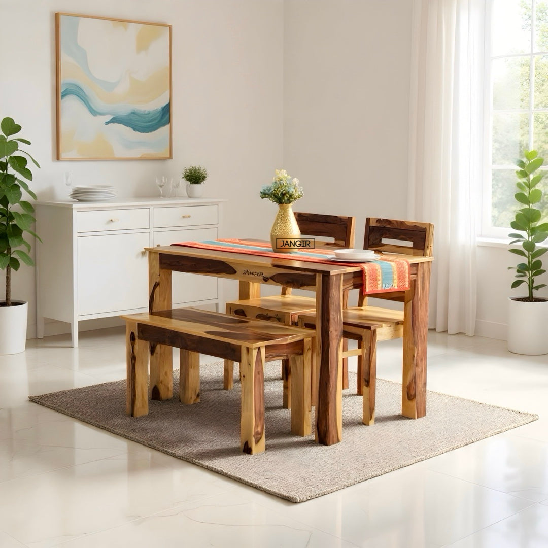 Elevate your dining room with our Apple Solid Wood Dining Table Set  with bench, made with sheesham wood. Buy lowest price four seater dining table in Bangalore