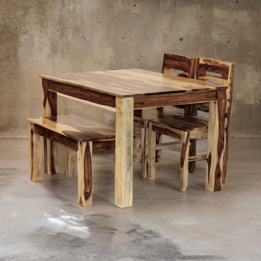Elevate your dining area with our four seater dining table set  with bench in Bangalore ,that combines comfort, style, and affordability. Crafted from sheesham wood for durability with lowest price