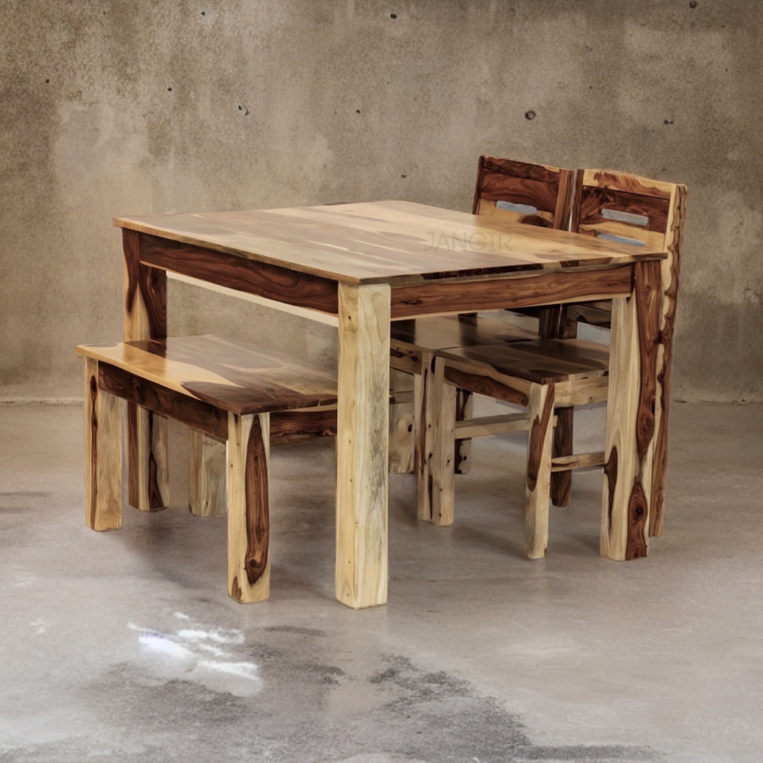 Elevate your dining room with our Apple Solid Wood Dining Table Set  with bench, made with sheesham wood. Buy lowest price four seater dining table in Bangalore