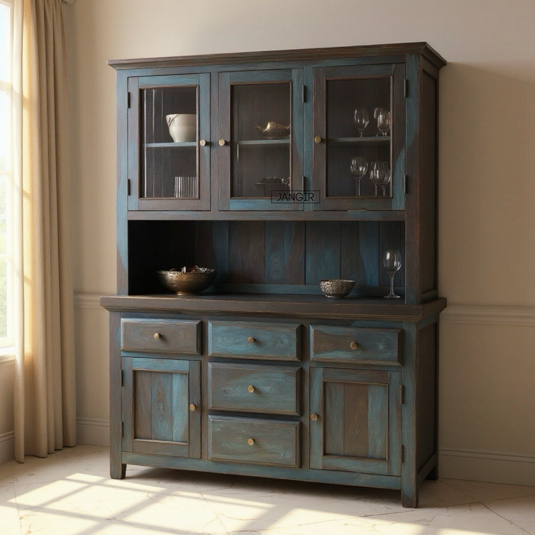 Elevate your dining space with the premium Blue Sheesham Wood Crockery Unit. Shop now for elegant crockery storage solutions near you in Bangalore