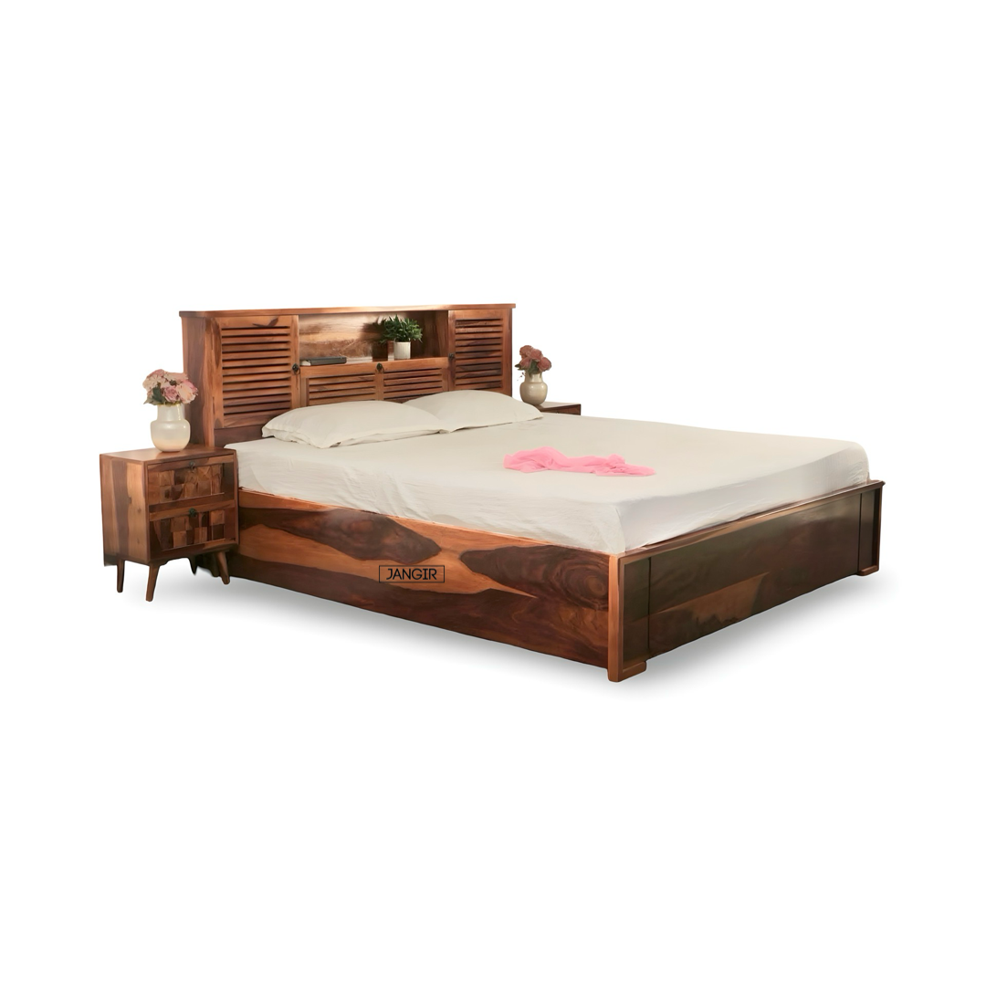 Discover the elegant Sheesham wood bed with sleek headboard storage. Buy king and queen size wooden beds near you in Bangalore to enhance your bedroom space!