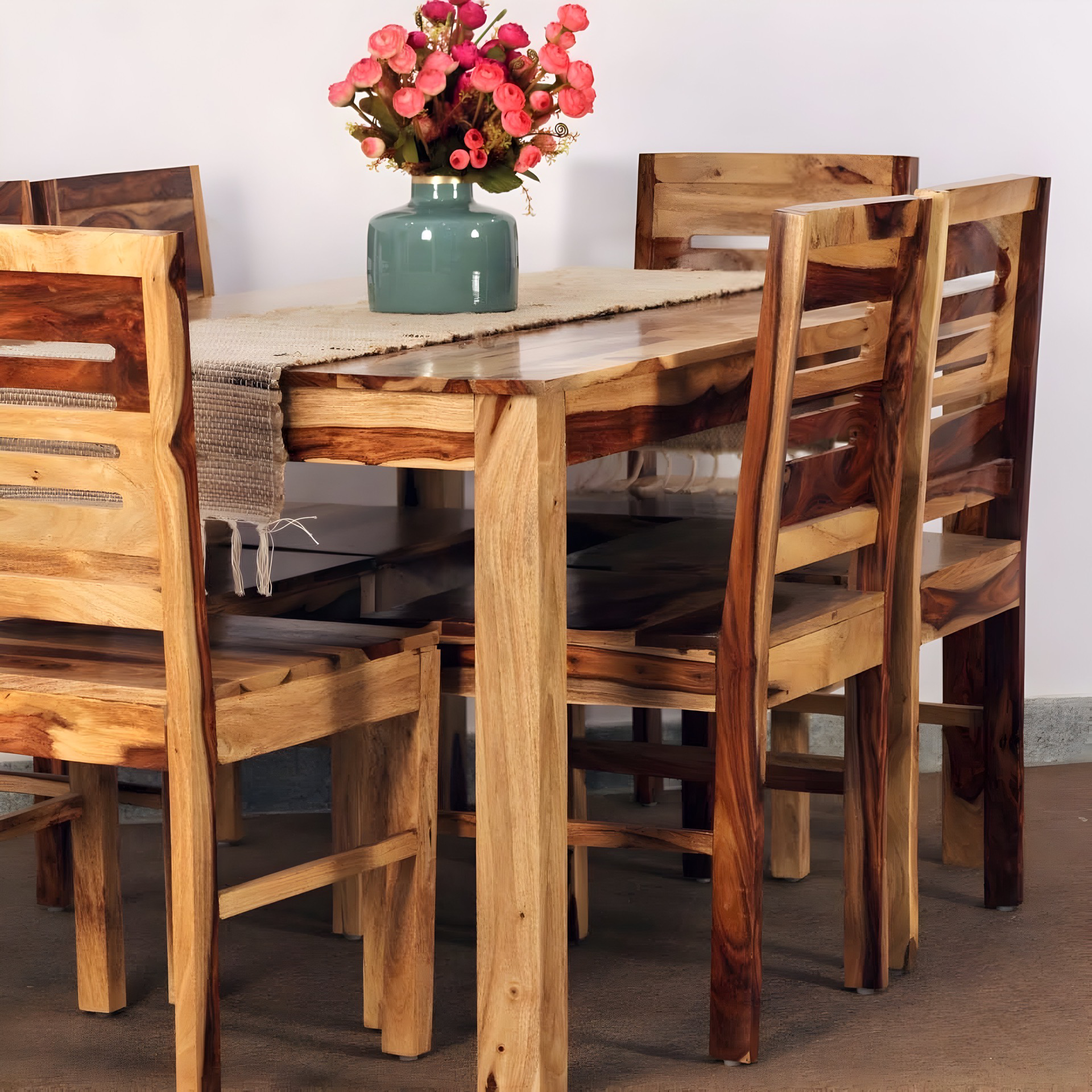 Experience the beauty and durability of solid wood  six seater dining table set with lowest price near you in Bangalore. Made from sheesham wood, adds a touch of sophistication to your home. Shop now!
