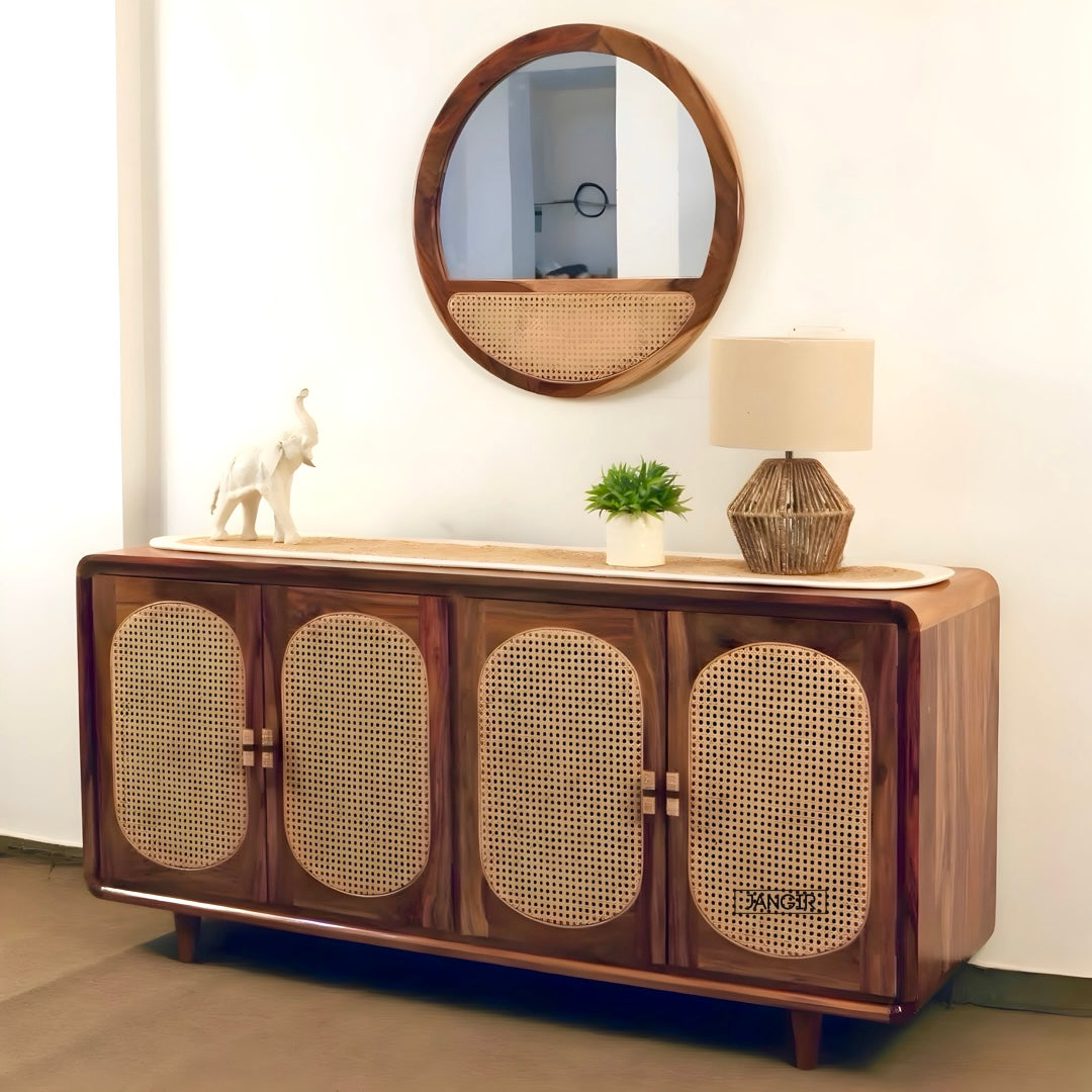 Elevate your home with the Parker Round Edge Cane Cabinet, sheesham wood made. Shop Rattan - Wicker Sideboard / cabinets online or near you in Bangalore today!