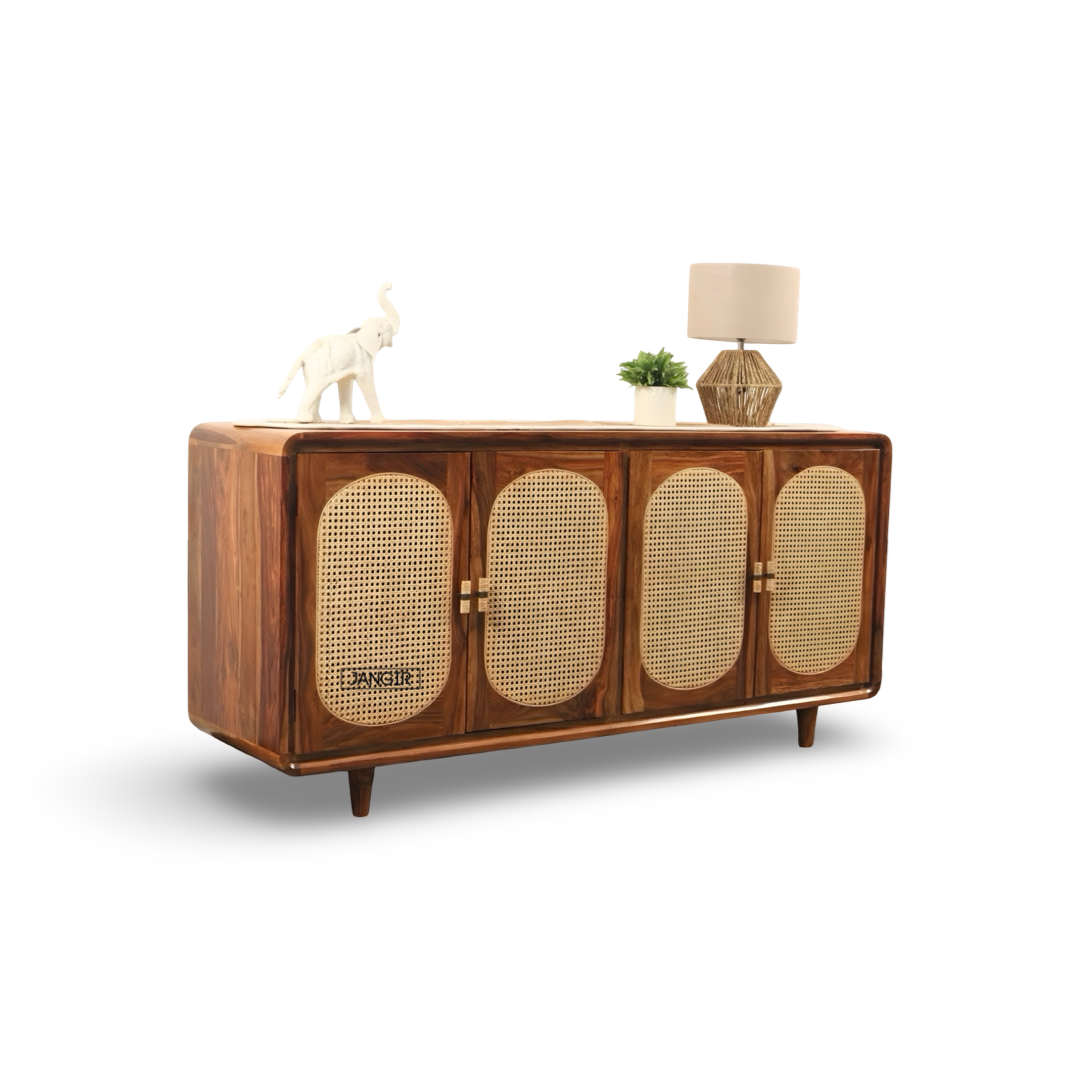 Elevate your home with the Parker Round Edge Cane Cabinet, sheesham wood made. Shop Rattan - Wicker Sideboard / cabinets online or near you in Bangalore today!
