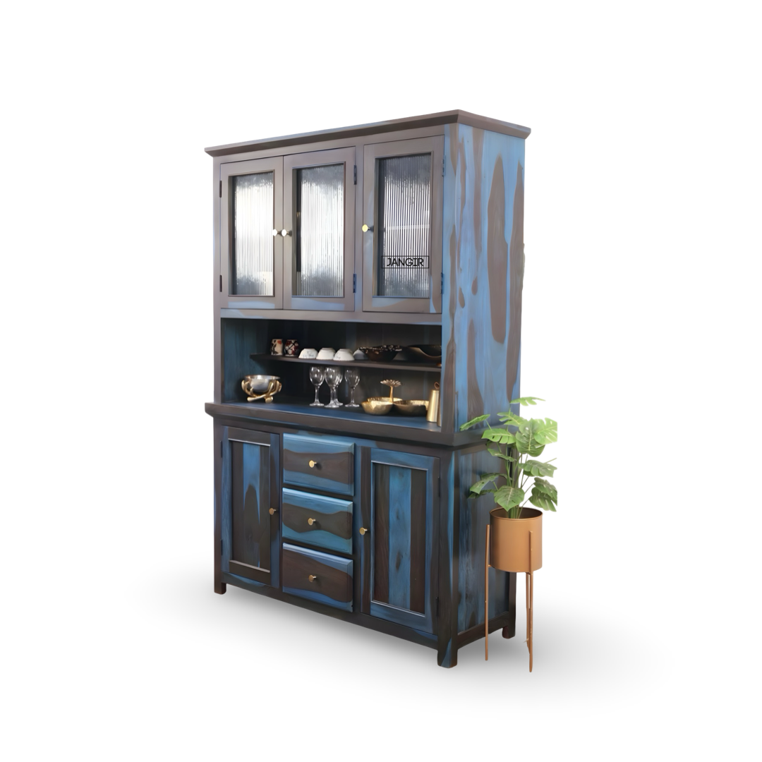 Elevate your dining space with the premium Blue Sheesham Wood Crockery Unit. Shop now for elegant crockery storage solutions near you in Bangalore