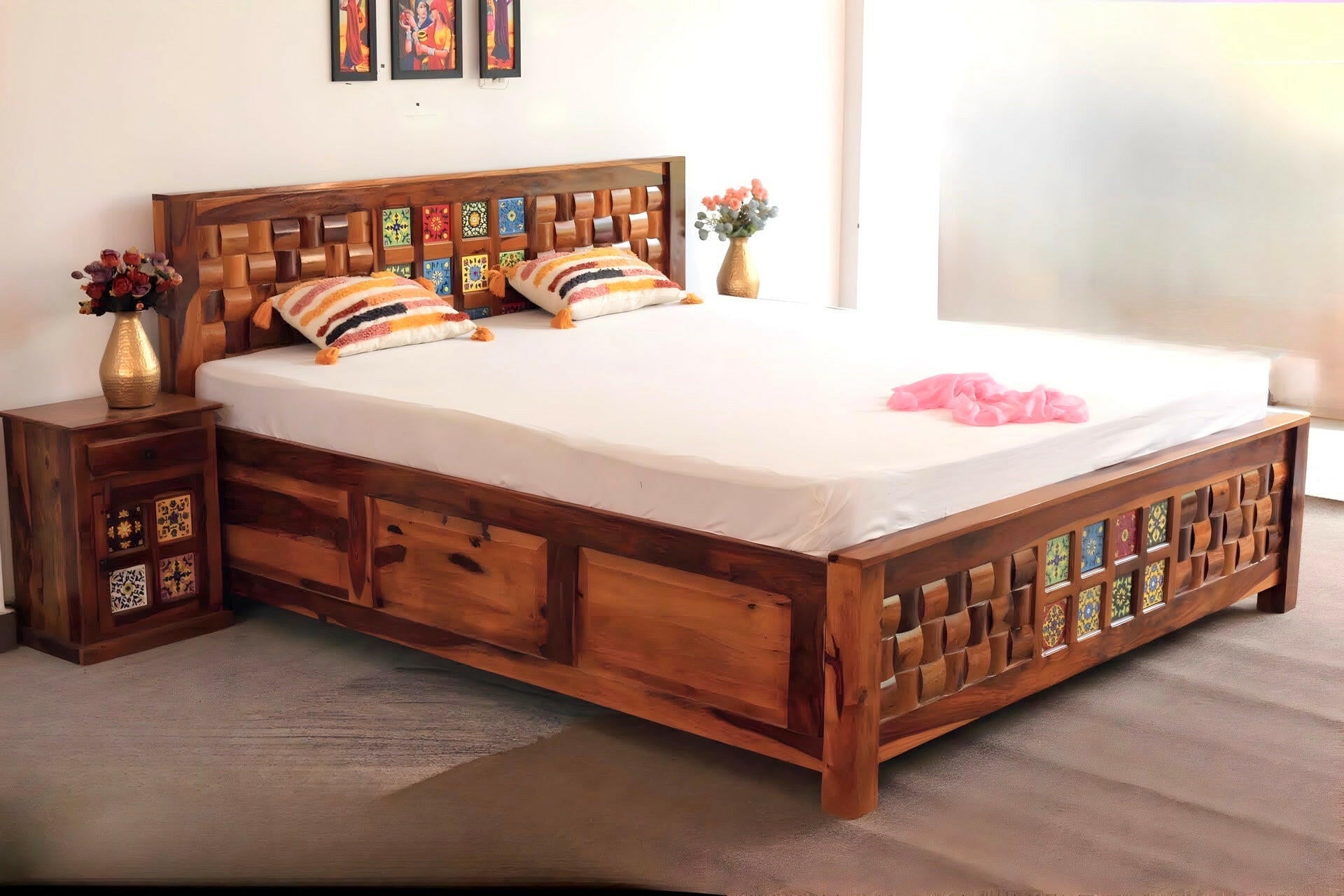 'Transform your bedroom with our exquisite collection of Tiles Plane Solid Wood Storage Bed, with traditional Rajasthani tile designs while experiencing true comfort in king or queen size variants.