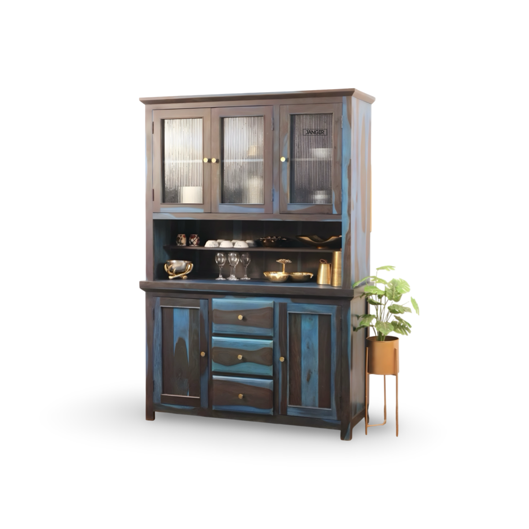 Elevate your dining space with the premium Blue Sheesham Wood Crockery Unit. Shop now for elegant crockery storage solutions near you in Bangalore