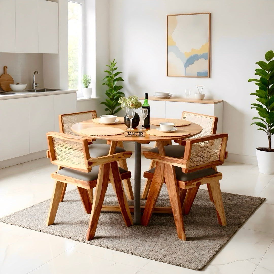 Summer Sheesham Wood Round Dining Table Set With Cane Chair