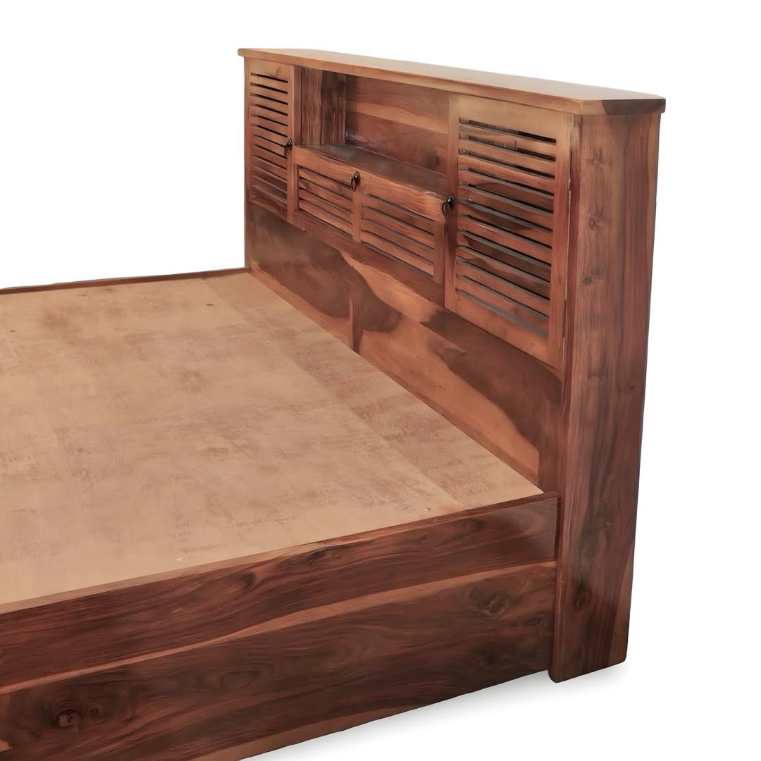 Discover the elegant Sheesham wood bed with sleek headboard storage. Buy king and queen size wooden beds near you in Bangalore to enhance your bedroom space!