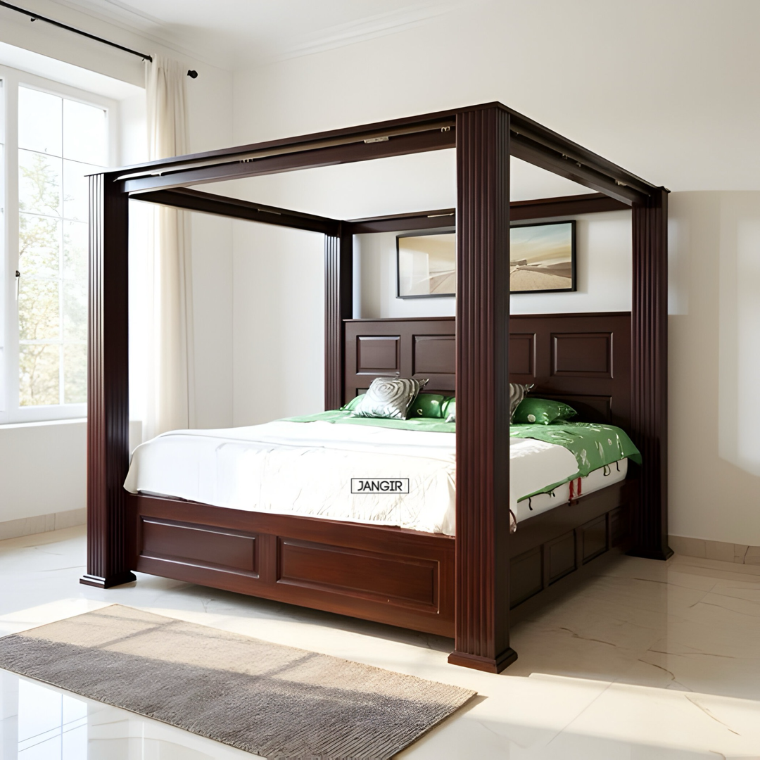 Experience luxury sleep with our sheesham poster bed. Shop king and queen size designer four poster bed with storage options near you in Bangalore!