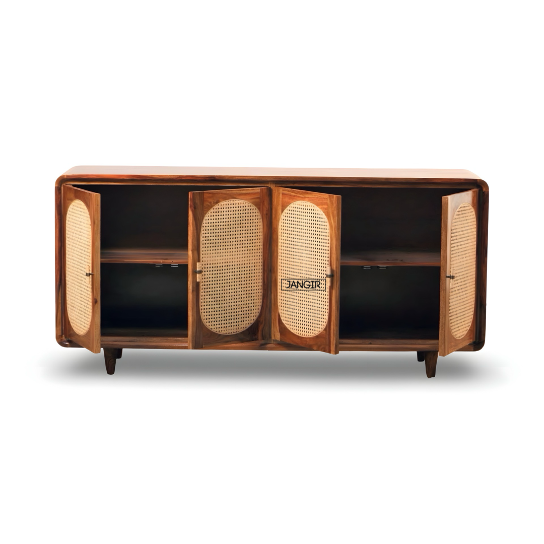 Elevate your home with the Parker Round Edge Cane Cabinet, sheesham wood made. Shop Rattan - Wicker Sideboard / cabinets online or near you in Bangalore today!