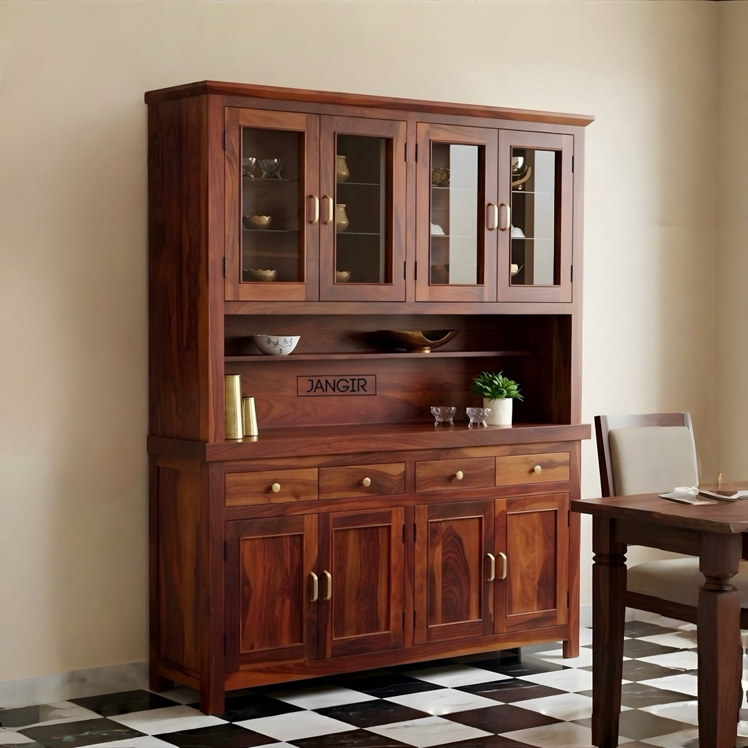 Elevate your dining space with our marval Sheesham Wood Crockery Unit. Buy now for sleek designer kitchen cabinet storage solutions near you in Bangalore
