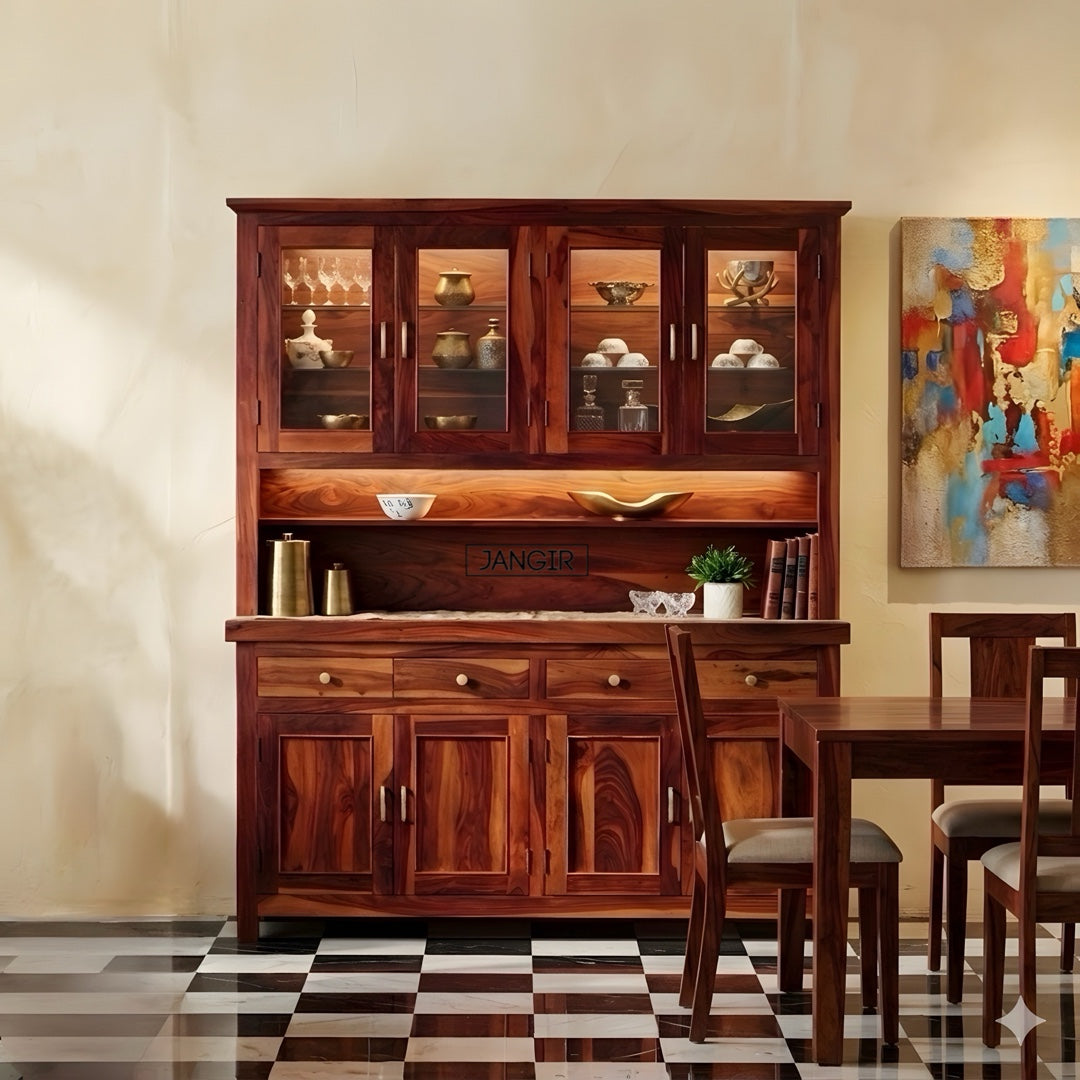 Elevate your dining space with our marval Sheesham Wood Crockery Unit. Buy now for sleek designer kitchen cabinet storage solutions near you in Bangalore