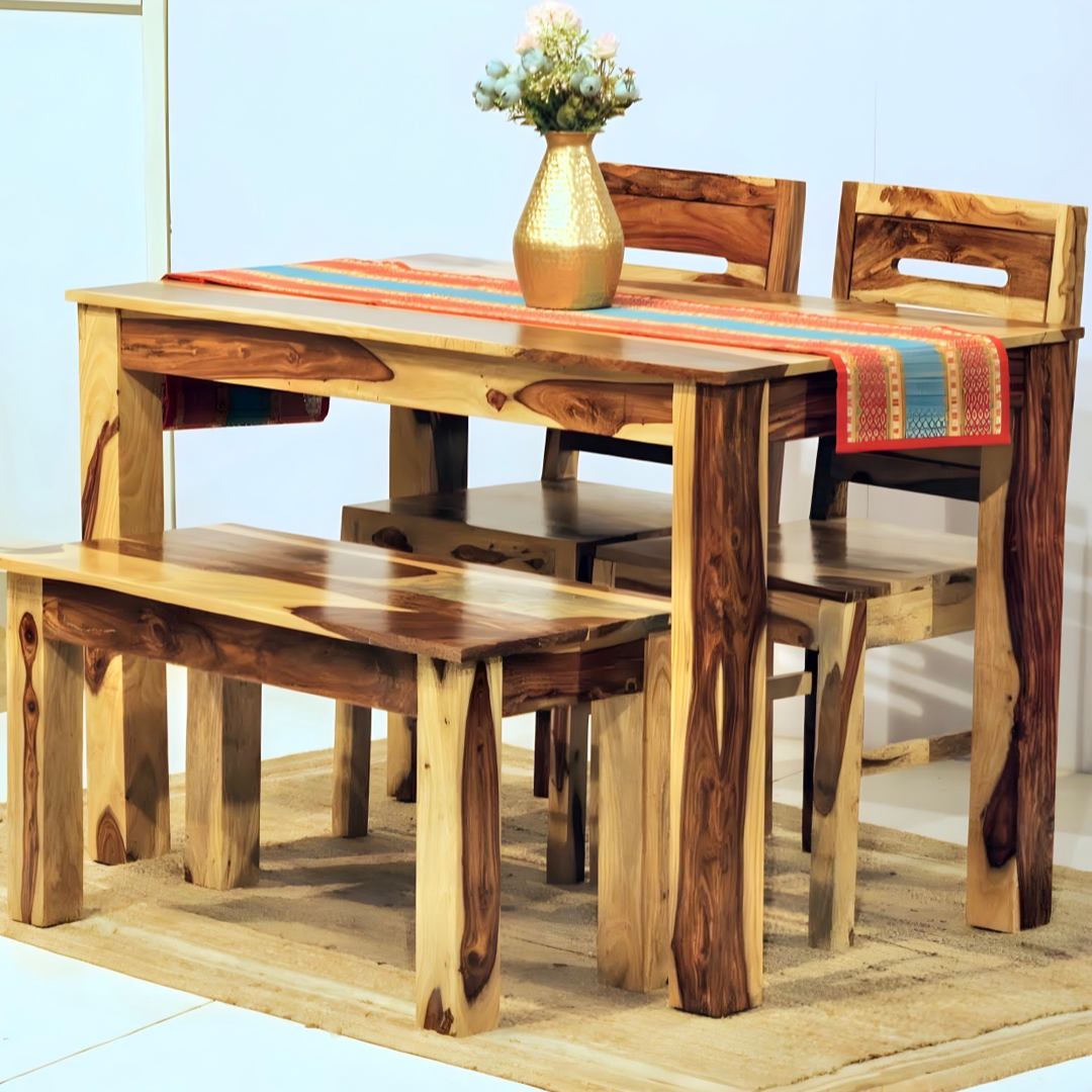 Elevate your dining room with our Apple Solid Wood Dining Table Set  with bench, made with sheesham wood. Buy lowest price four seater dining table in Bangalore