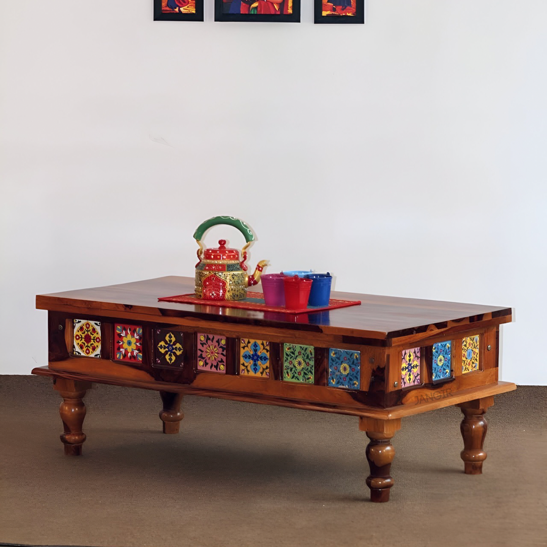 Elevate your living space with stunning sheesham wood coffee tables featuring intricate Rajasthani tile designs. Explore our center table curated selection for a touch of tradition in Bangalore.