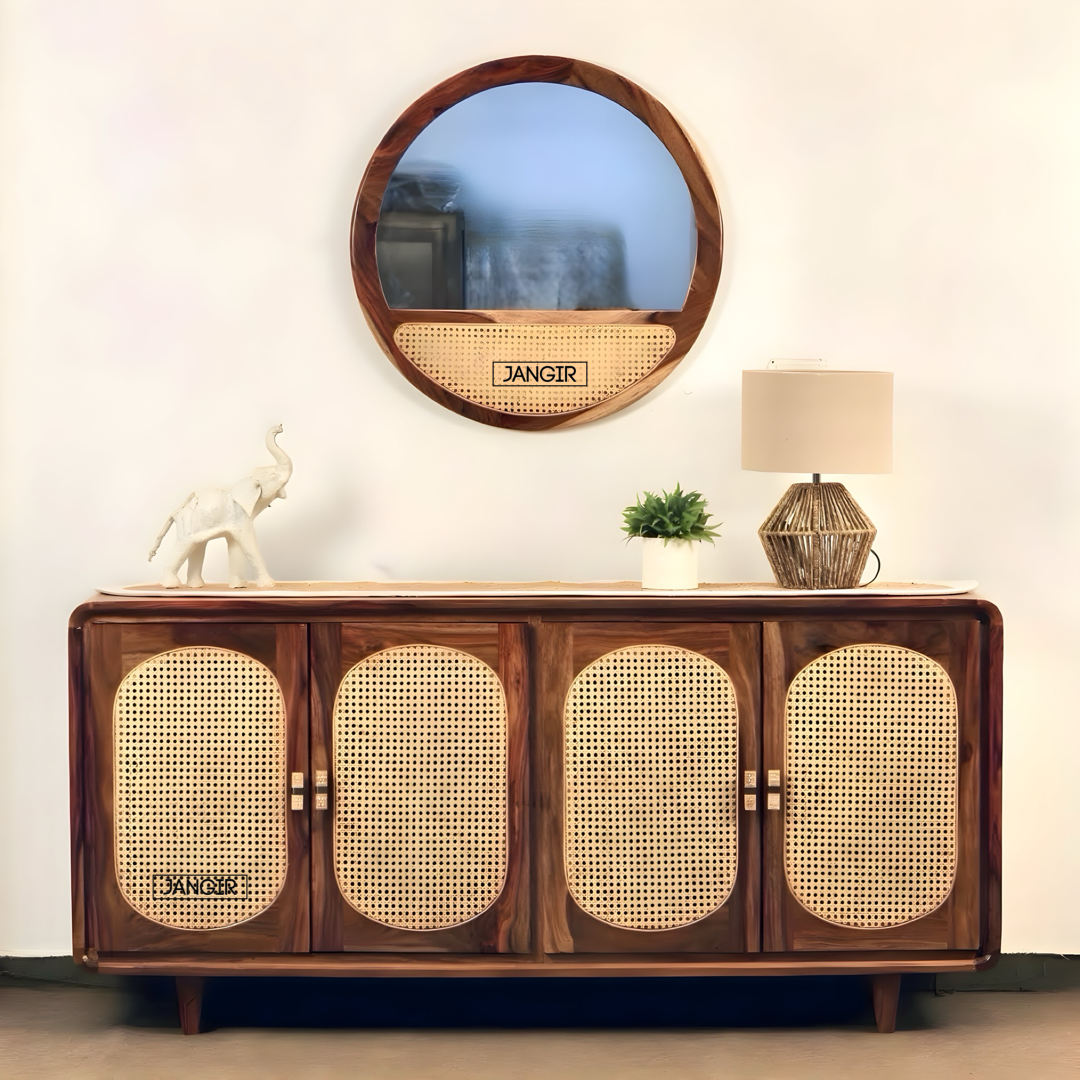 Elevate your home with the Parker Round Edge Cane Cabinet, sheesham wood made. Shop Rattan - Wicker Sideboard / cabinets online or near you in Bangalore today!