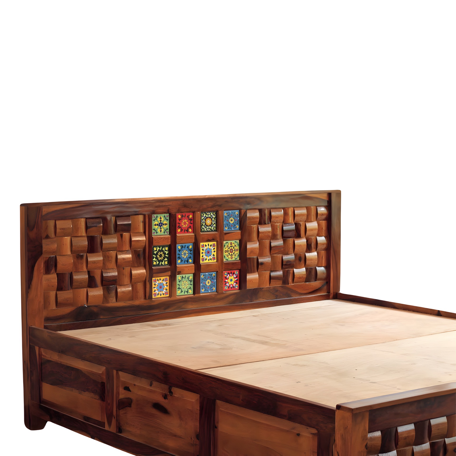 'Transform your bedroom with our exquisite collection of Tiles Plane Solid Wood Storage Bed, with traditional Rajasthani tile designs while experiencing true comfort in king or queen size variants.