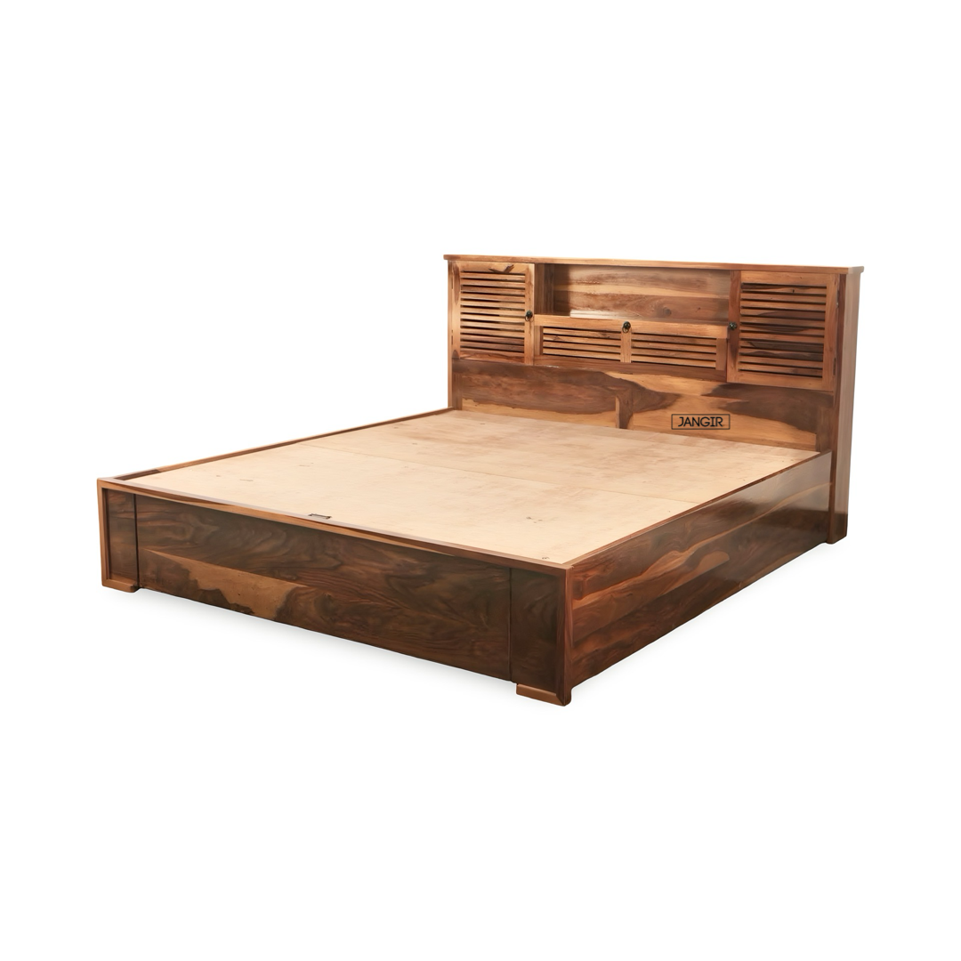 Discover the elegant Sheesham wood bed with sleek headboard storage. Buy king and queen size wooden beds near you in Bangalore to enhance your bedroom space!