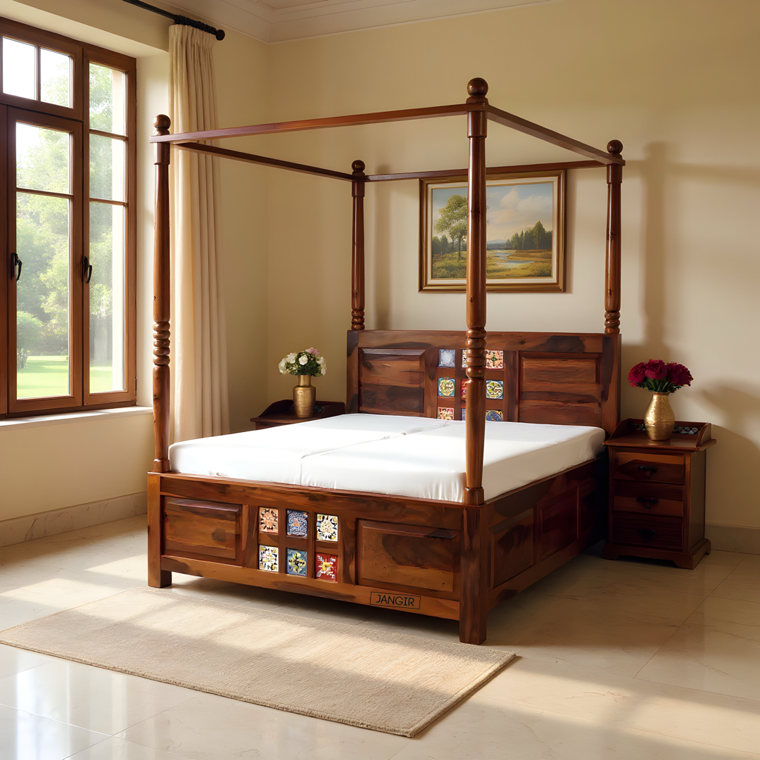 Transform your bedroom with our sheesham wood traditional tiles poster bed. Shop king and queen size four poster bed with storage near you in Bangalore today!