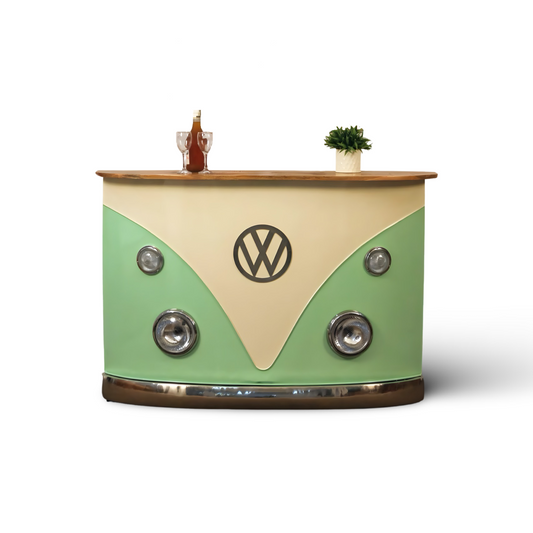 Elevate your home bar, reception or pub space with a unique and durable Vintage Volkswagen counter made from solid wood and metal. Perfect for entertaining guests, shop now!