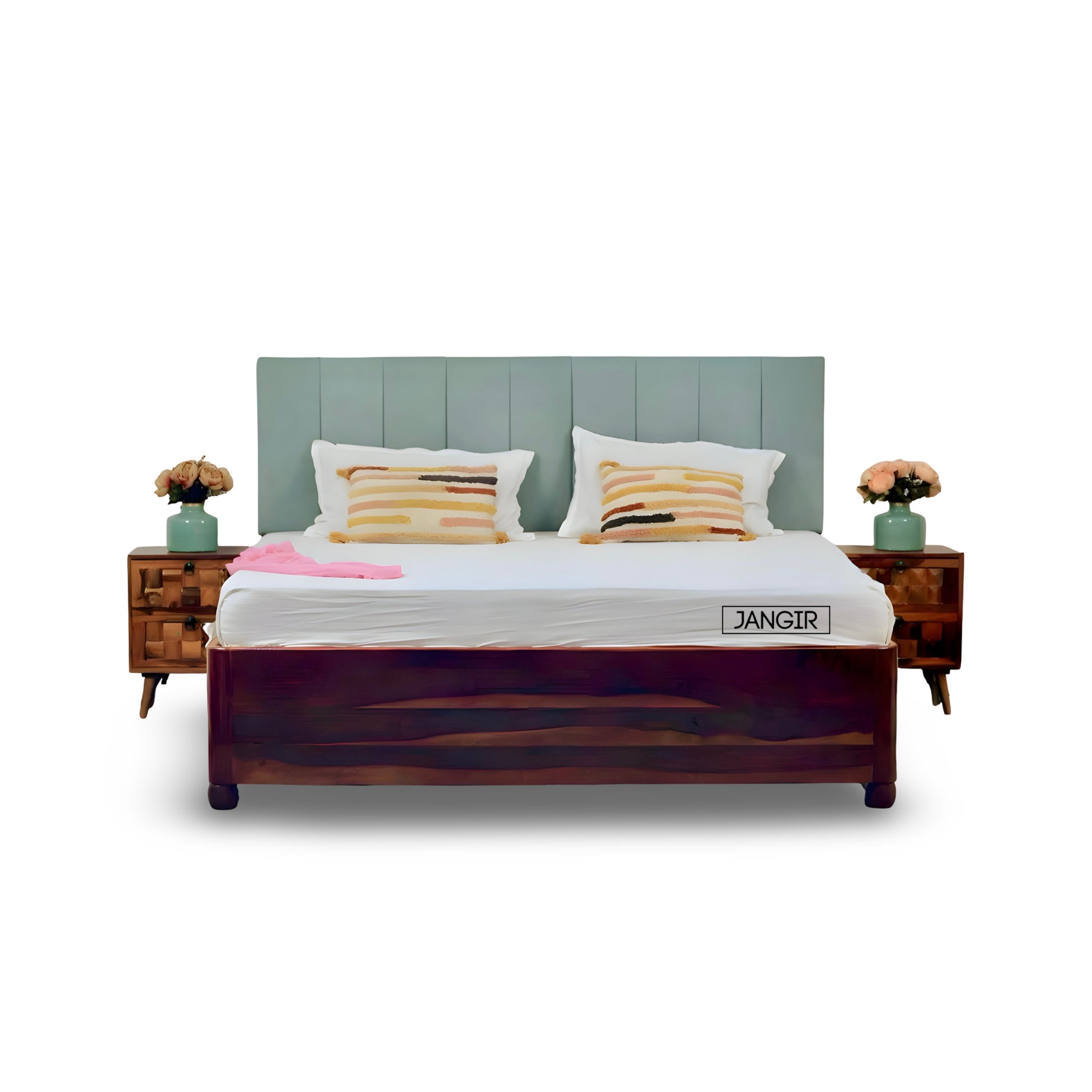 Upgrade your space with solid sheesham wood made Edge less storage bed. Buy king & queen size premium upholstery headboard wooden bed near you in Bangalore!