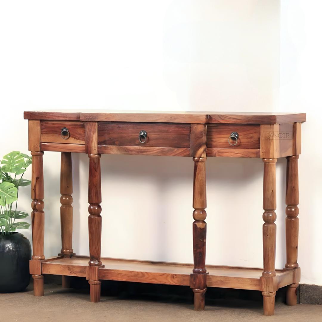 Transform your living room with our Rustic Solid Wood Console Table with drawers. Made from sheesham wood, custom rustic finish options that enhances any home.