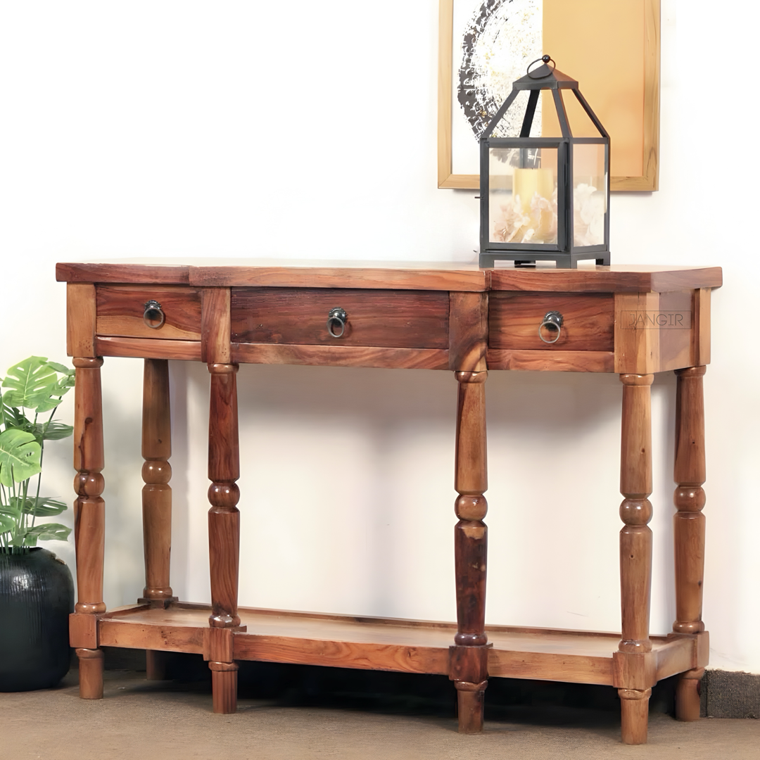 Transform your living room with our Rustic Solid Wood Console Table with drawers. Made from sheesham wood, custom rustic finish options that enhances any home.