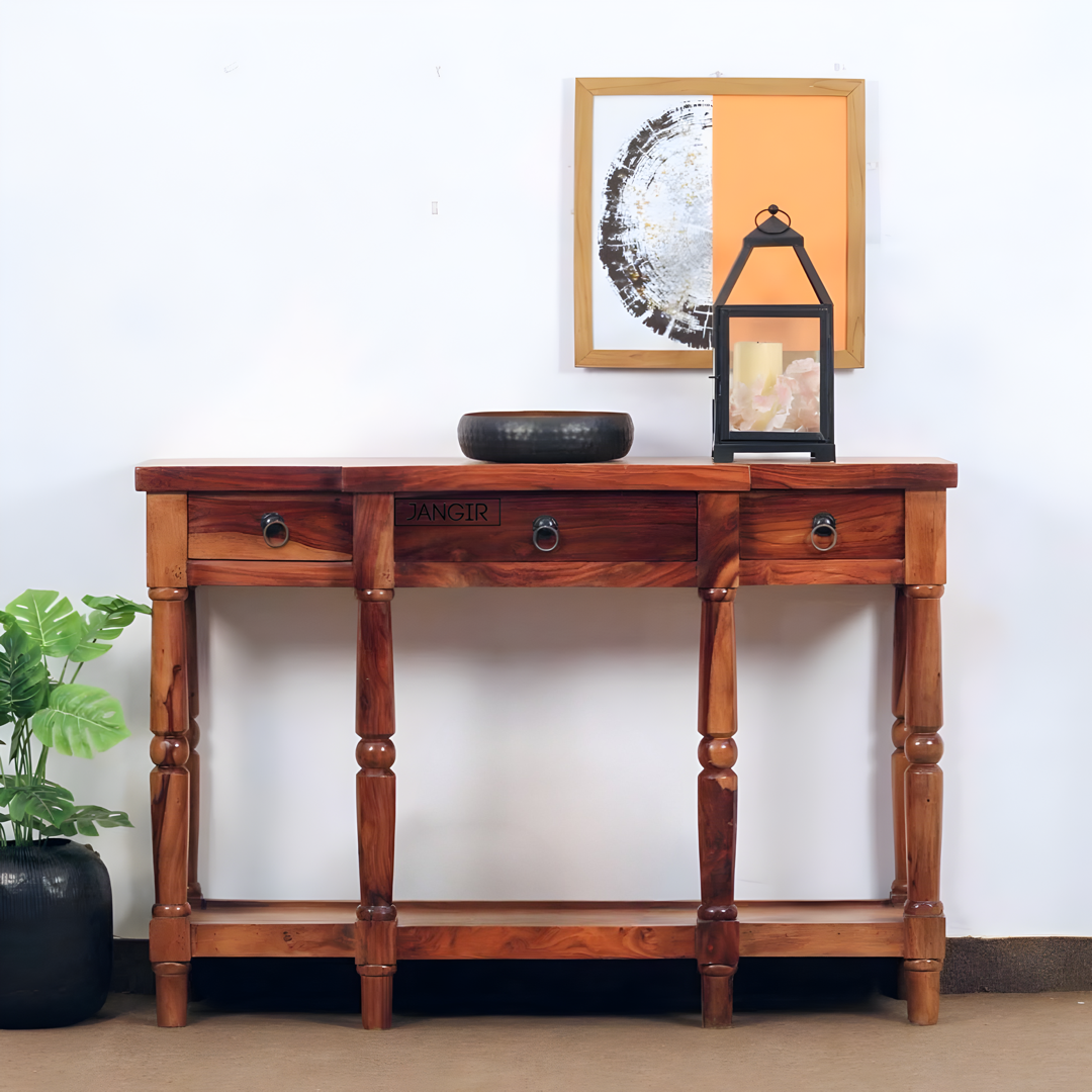 Transform your living room with our Rustic Solid Wood Console Table with drawers. Made from sheesham wood, custom rustic finish options that enhances any home.
