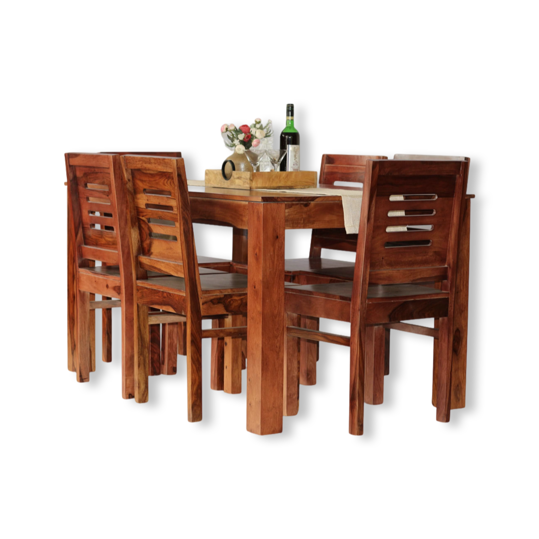 Experience the beauty and durability of solid wood  six seater dining table set with lowest price near you in Bangalore. Made from sheesham wood, adds a touch of sophistication to your home. Shop now!