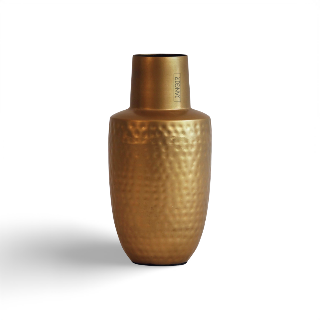 Enhance your living room decor with our exquisite hammered flower vase in a dazzling brass finish, crafted with metal.  Buy online now for an elevated home ambience!