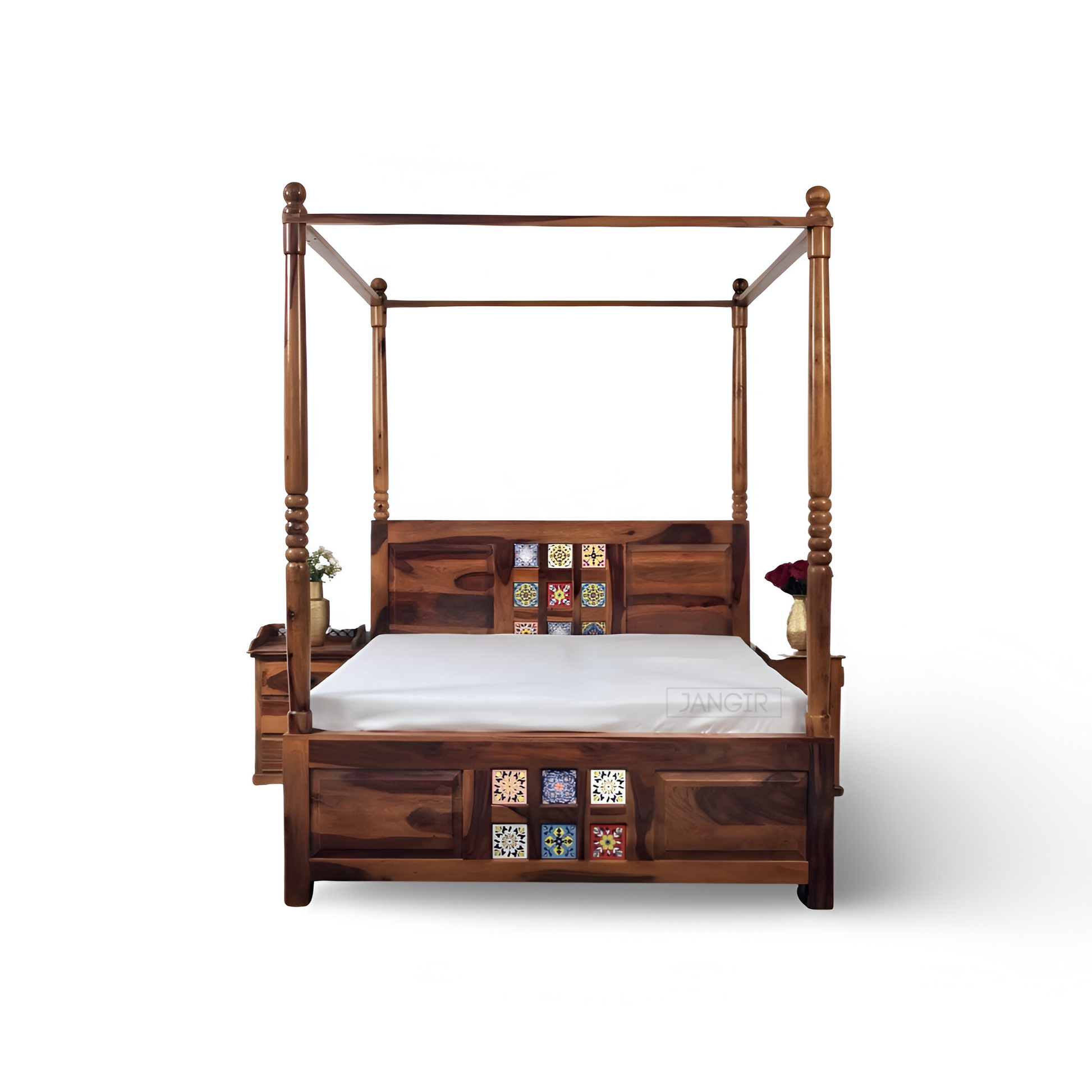Transform your bedroom with our exquisite traditional style tiles poster bed with storage, made from sheesham wood. Explore our range of king size and queen size beds near you in Bangalore today!
