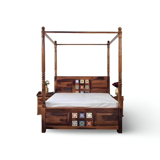 Transform your bedroom with our sheesham wood traditional tiles poster bed. Shop king and queen size four poster bed with storage near you in Bangalore today!