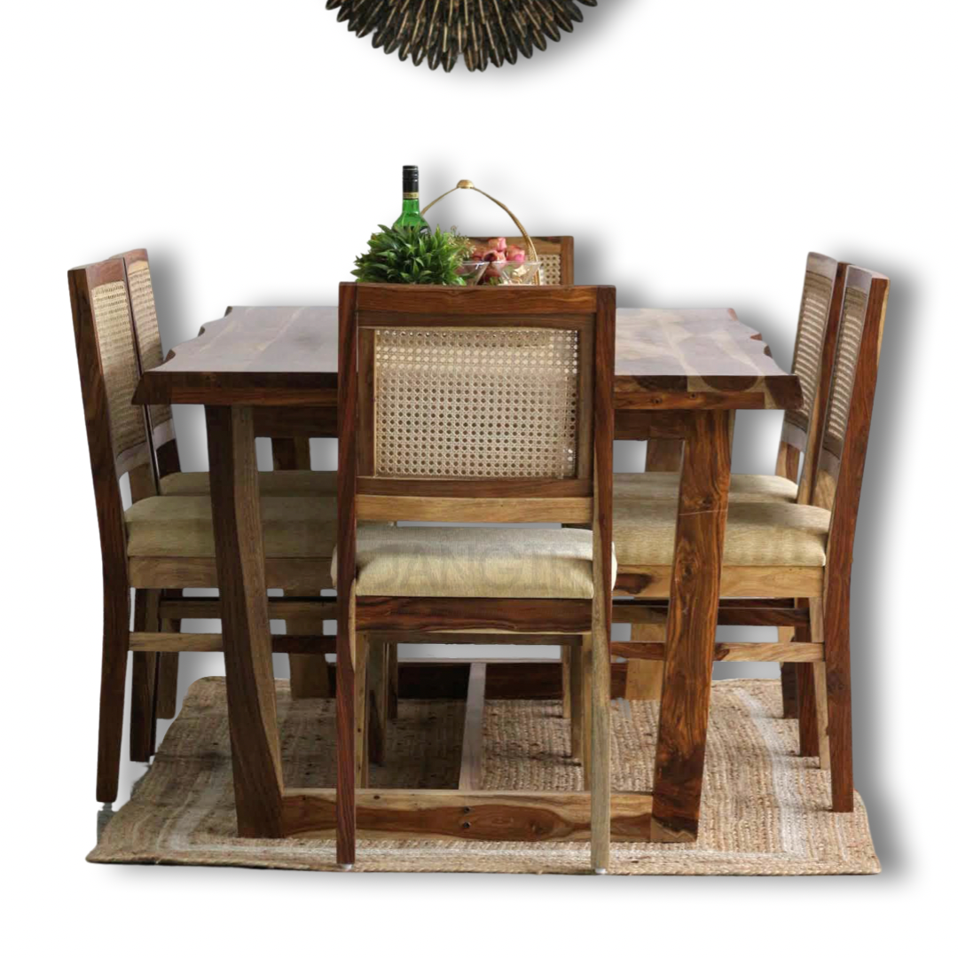 Live edge dining table with cane weave chairs, dining set, designer dining table, 6 seater dining table,  4 seater dining table, modern dining table, dining table sets, dining table set in Bangalore
