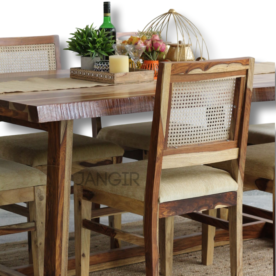 Live edge dining table with cane weave chairs, dining set, designer dining table, 6 seater dining table,  4 seater dining table, modern dining table, dining table sets, dining table set in Bangalore