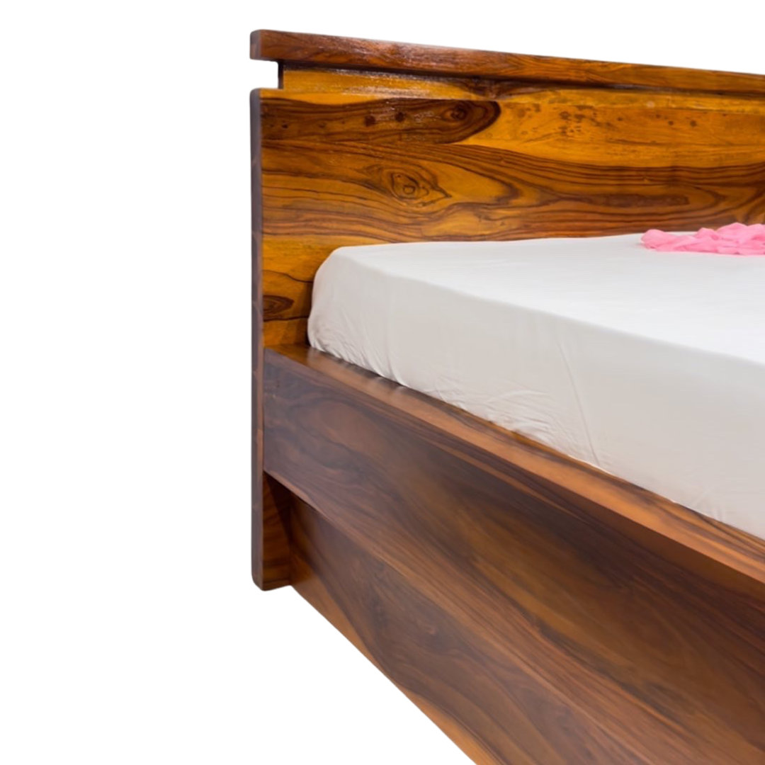 Elevate your bedroom with our sheesham wood Boston Solid Wood Platform Storage Bed. with hydraulic lift storage. Shop modern double Beds near you in Bangalore!