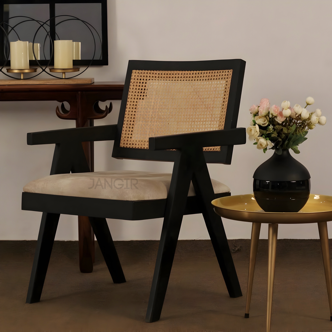 Black Matt Solid Wood Cane Chair- Enhance your living room with our exquisite collection of wooden cane chairs. Crafted from sheesham wood, our easy chairs combine comfort and style with wicker.