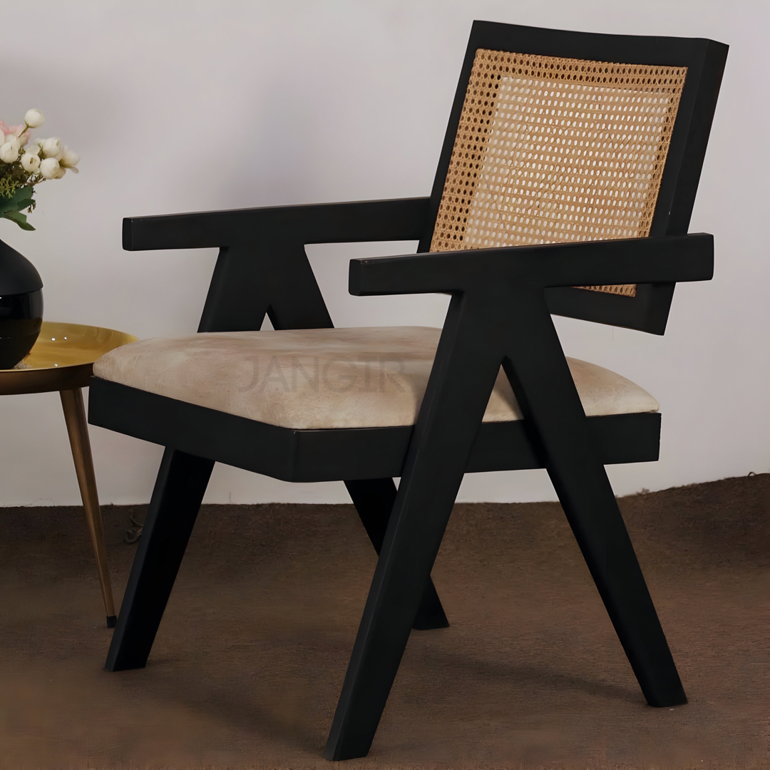Black Matt Solid Wood Cane Chair- Enhance your living room with our exquisite collection of wooden cane chairs. Crafted from sheesham wood, our easy chairs combine comfort and style with wicker.