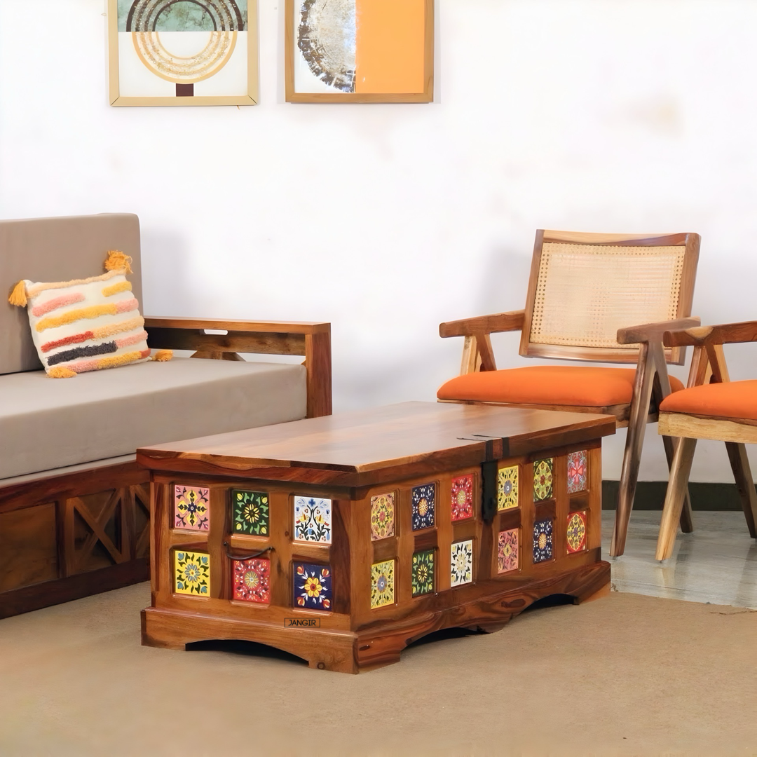 Discover the Sheesham Wood Coffee Table with tile accents—durable, stylish storage. Enhance your living space today. Shop near you in Bangalore