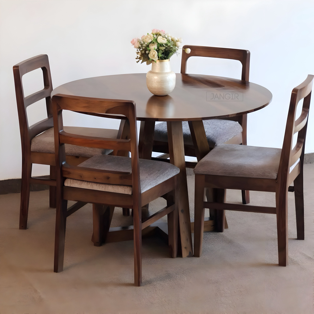 Upgrade your dining experience with Stear Round Dining Table Set made from sheesham wood, ensure durability and modern style with this four seater dining table set. Elevate your dining room now.