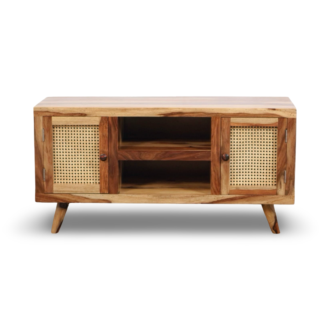 Elevate your home with our Sapphire Cane Weaved TV Unit, sheesham wood made. Shop Wooden rattan / wicker TV Stand near you in Bangalore