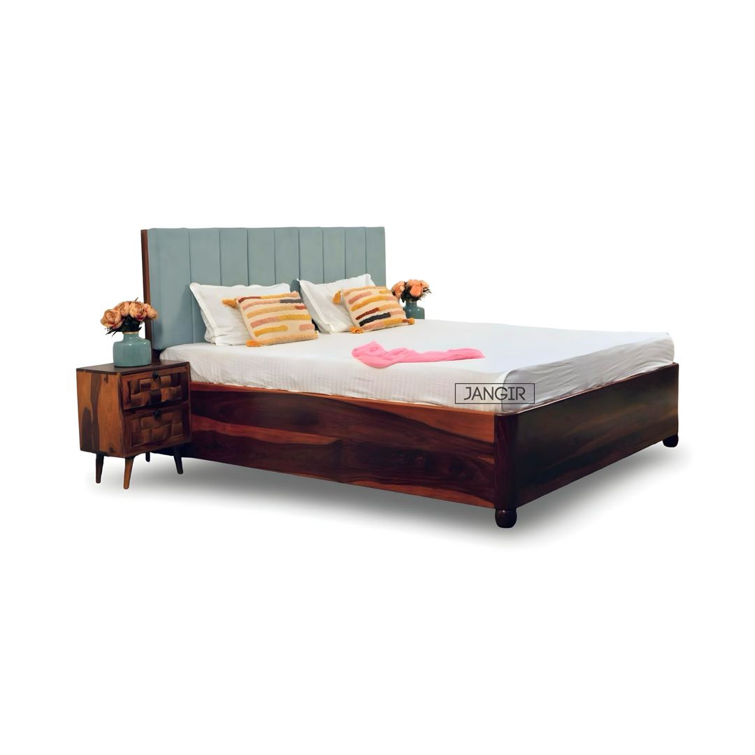 Upgrade your space with solid sheesham wood made Edge less storage bed. Buy king & queen size premium upholstery headboard wooden bed near you in Bangalore!