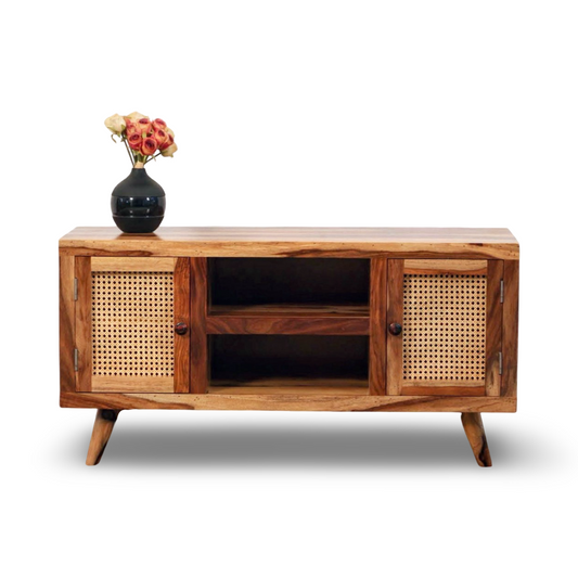 Elevate your home with our Sapphire Cane Weaved TV Unit, sheesham wood made. Shop Wooden rattan / wicker TV Stand near you in Bangalore