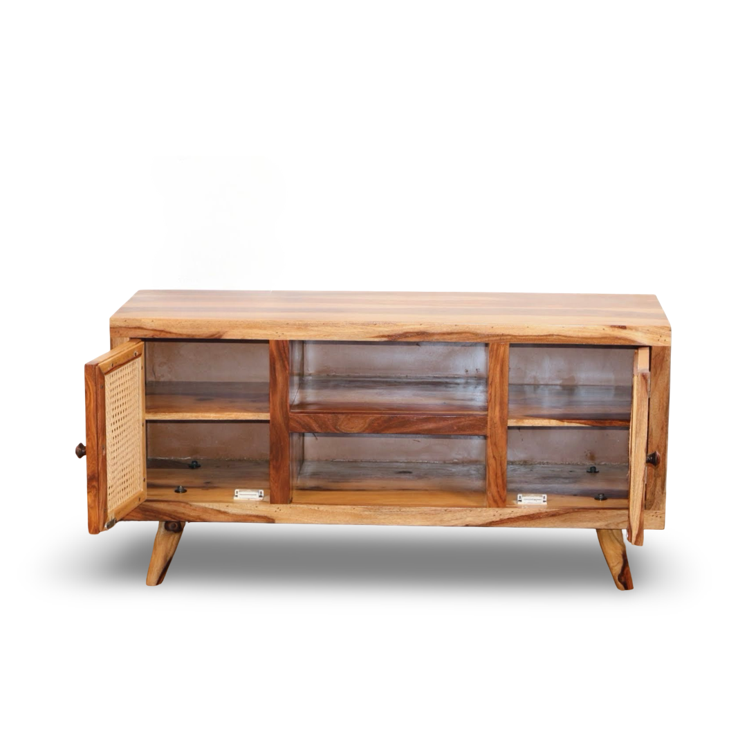 Elevate your home with our Sapphire Cane Weaved TV Unit, sheesham wood made. Shop Wooden rattan / wicker TV Stand near you in Bangalore