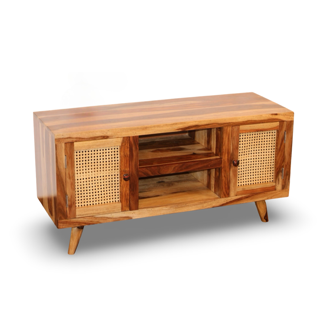 Elevate your home with our Sapphire Cane Weaved TV Unit, sheesham wood made. Shop Wooden rattan / wicker TV Stand near you in Bangalore