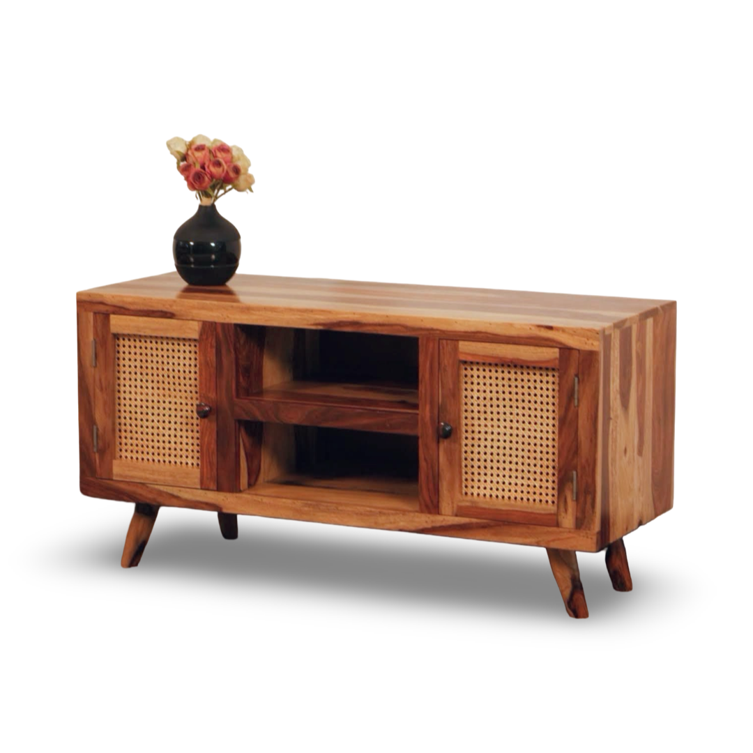 Elevate your home with our Sapphire Cane Weaved TV Unit, sheesham wood made. Shop Wooden rattan / wicker TV Stand near you in Bangalore