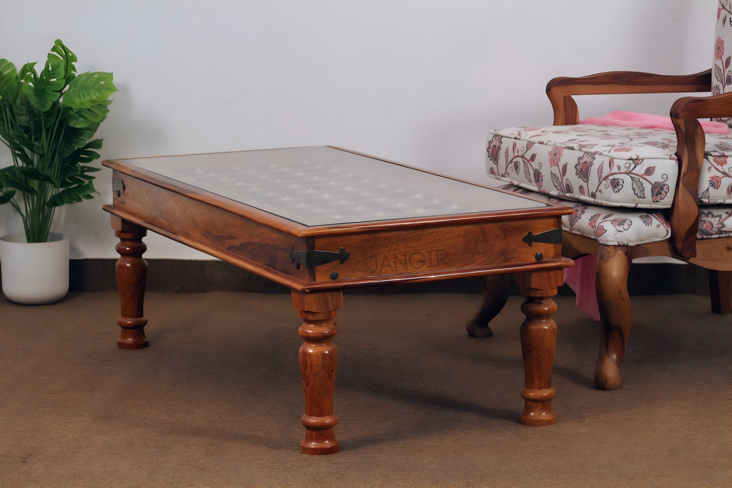 elevate your home with our Antique Carved Door Solid Wood Coffee Table with Vintage style Rajasthani Brass work and stunning carved door style. Upgrade your living room with our center table now !