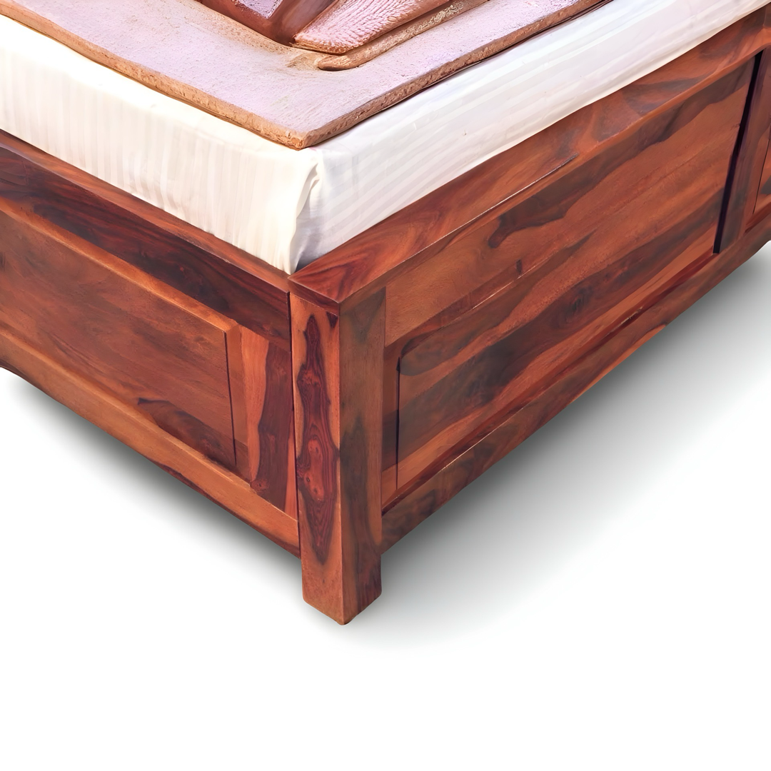 Discover the Dalla Sheesham Wood Storage Bed.  durable, elegant, available in king & queen sizes with storage. Shop now for best prices near you in Bangalore